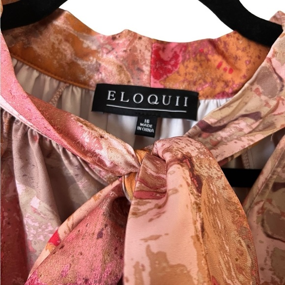 NWT ELOQUII Pink Red & Tan  Long Tie Neck Elastic Waist Dress - Picture 3 of 5